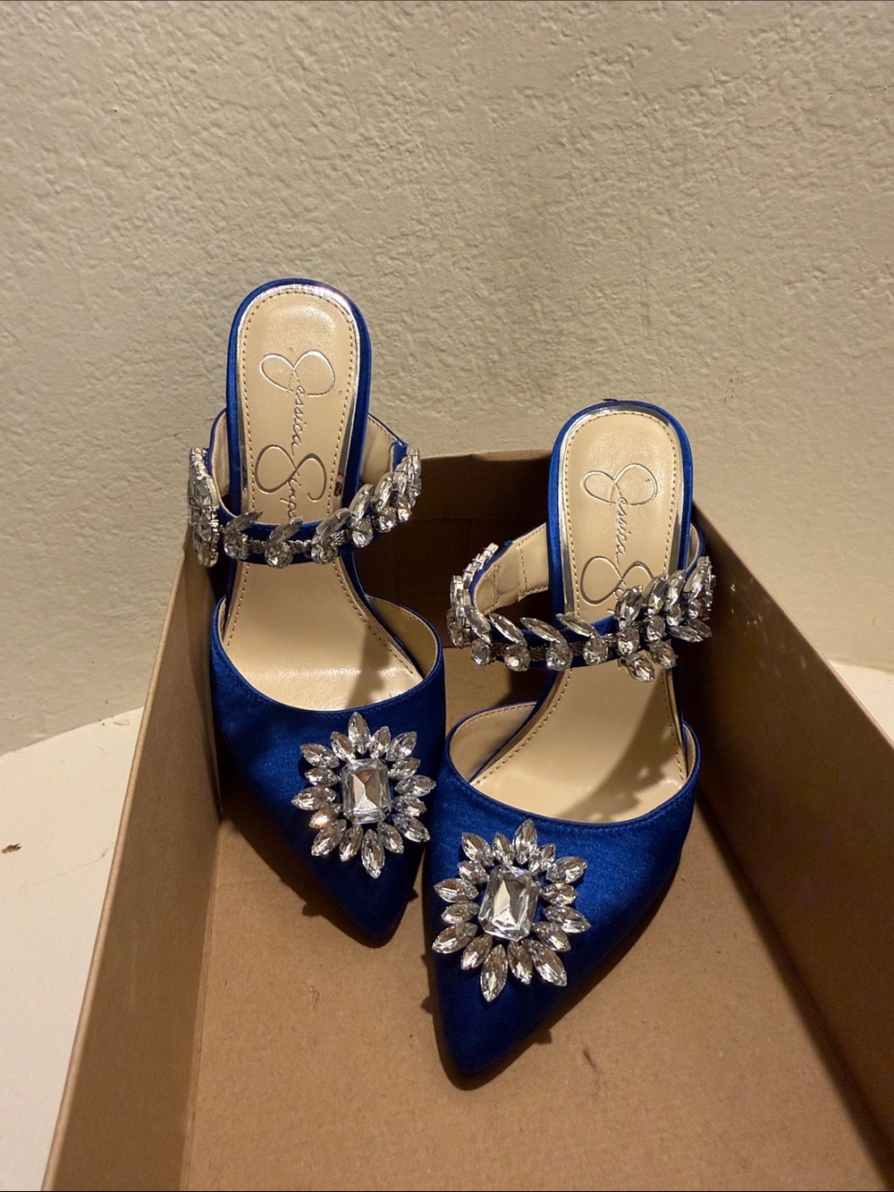 Jessica Simpson Blue Satin Jeweled Pointed Mules